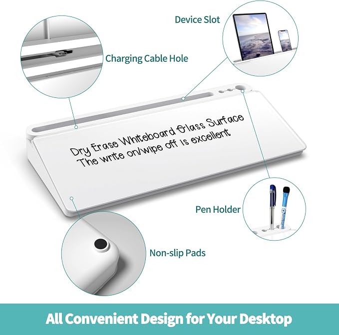 Glass Desktop Whiteboard with Storage, 16"x7" with 3 Markers | Desk Dry Erase Board for Quick-Note Replace Sticky-Notes, Small White Boards Organizer for Home Office as to Do List Memo