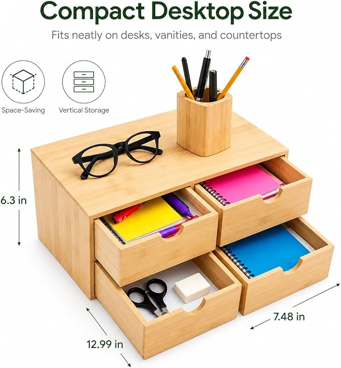 Bamboo Desk Organizer, 4-Drawer Wooden Desk Organizer with Full Pull-out Drawers, No Assembly Bamboo Storage Drawer for Office Supplies Cosmetics