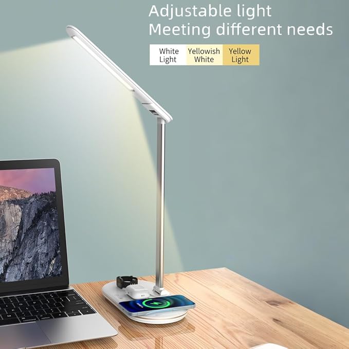 IHAO 3in1 Wireless Charging Eye-Care Desk Lamp 15W Fast Charging Station for Phone, Smartwatch & Earbuds, Touch Control Dimmable LED Light Adjustable Gooseneck, Modern Office Table Lamp-HYT2096 White