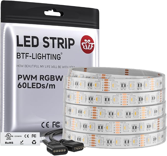 BTF-LIGHTING RGBW LED Strip Lights,UL Listed,5050 4 Colors in 1 RGB + 2700K-3000K Warm White,12V DC,16.4ft/5m 60LEDs/m 12mm White PCB, IP67 Waterproof for Home Decoration(No Adapter or Controller)
