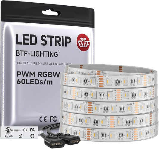 BTF-LIGHTING RGBW LED Strip Lights,UL Listed,5050 4 Colors in 1 RGB + 2700K-3000K Warm White,12V DC,16.4ft/5m 60LEDs/m 12mm White PCB, IP67 Waterproof for Home Decoration(No Adapter or Controller)