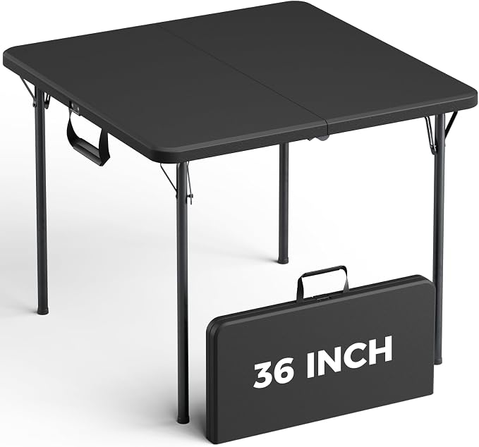 Folding Table, 36 Inch Square Foldable Card Table with Carrying Handle, Heavy Duty Fold-in-Half Portable Table No Assembly, Ideal for Picnic, Camping, RV Travel, Parties, BBQs, Crafting and Indoor Use