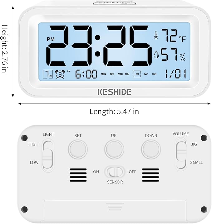 Night Light Digital Alarm Clock Battery Operated with Indoor Temperature Humidity, Desk Small Clock,Snooze Model,12/24H Display for Bedrooms Heavy Sleepers Kids Travel Bathroom (White)