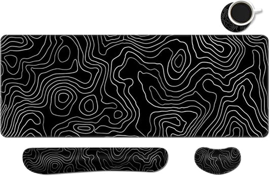Desk Mat, Large Gaming Mouse Pad with Wrist Rest, 4 in1 XXL Mouse pad+Keyboard Wrist Rest+Mouse Pad Wrist Support+Cup Coaster Set, Ergonomic Desk Pad for Home Office, Topographic Line