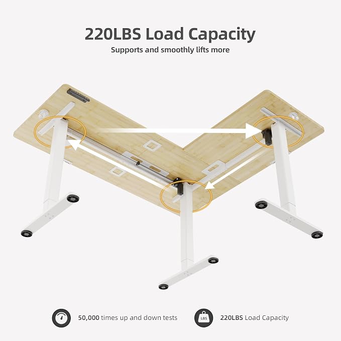 Claiks L Shaped Standing Desk Dual Motor 63x55 Inch Bamboo | Height Adjustable 28.5 to 47.2 Inches, 220lbs Capacity, Sturdy Steel Frame, Splice Board Included