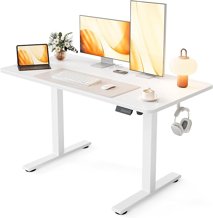 Cubiker Standing Desk, 48x24 Inches Sit Stand Home Office Desk, Electric Stand up Desk, Adjustable Desk with Splice Board, White Frame/White Top