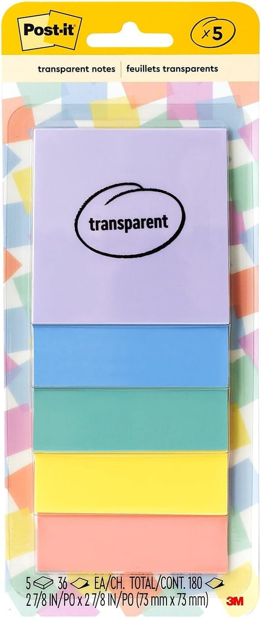Post-it Transparent Sticky Notes,�2.8" x 2.8", Assorted Colors, 36 Sheets/Pad, 5 Pads/Pack (600-5PASTEL)