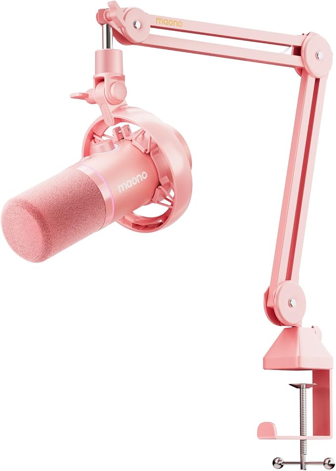 MAONO PD200W Hybrid Wireless Podcast Microphone for PC, XLR USB Dynamic Mic Kit with Boom Arm, Software, Noise Cancellation, for Vocal Recording, Streaming, Content Creation, Home Studio, Pink