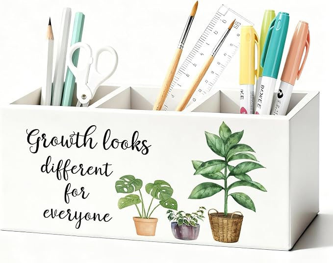 Mental Health Inspirational Pen Holder, Motivational Pencil Holder, Growth Looks Different for Everyone Wooden Box Sign Decorations for Therapy Counselor Office Classroom Desk Tabletop