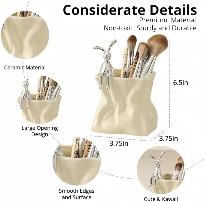 Irregular Aesthetic Pen Holder for Desk Bunny Designer Cute Office Supplies Cubicle Decor Kawaii Workspace Accessories Boho Makeup Organizer Pencil Cup Caddy for Home Office (Silver B)