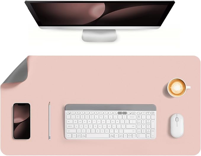 Dual Sided Desk Pad Faux Leather Desk Mat Large Mouse Pad | Desk Pad Protector Non-Slip Waterproof Desk Mouse Pad for Writing Desk, Office, Home(Pink Gray 31.5"X15.7")