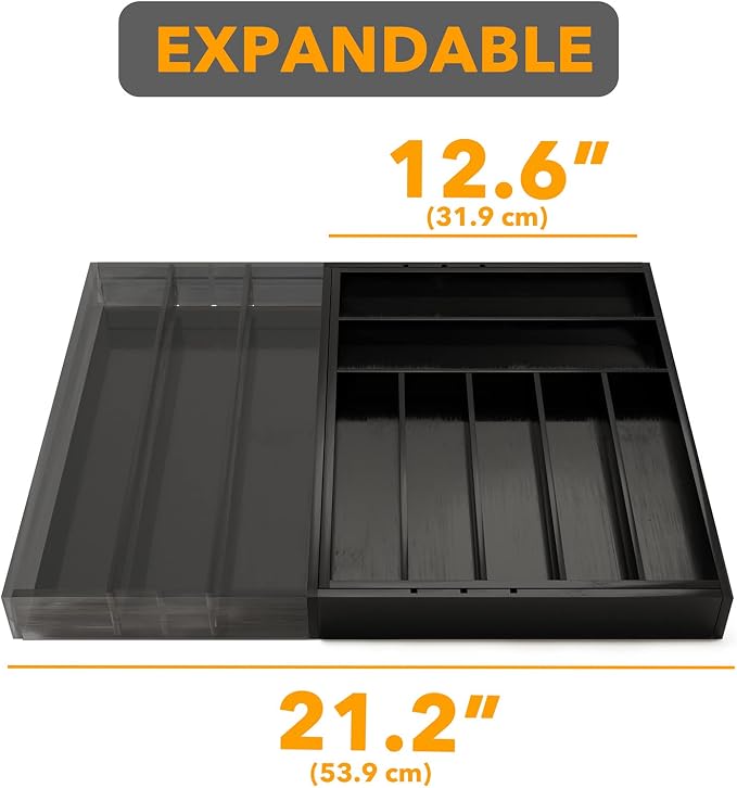 SpaceAid Bamboo Silverware Drawer Organizer with Labels, Kitchen Utensil Expandable Tray Holder Organizer for Flatware, Cutlery, Spoon and Knives Drawer Storage Organization (Black, 10 Slots)