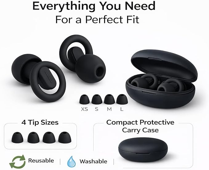 Macco Focus Reusable Silicone Ear Plugs – up to 33 dB NRR Noise Reduction for Sleep & Focus – 4 Sizes (XS–L) – Soft Washable Hearing Protection with Hard Case – Black