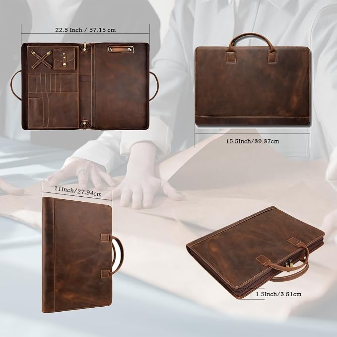 Genuine Leather Portfolio, Padfolio Organizer with Handle, Personalized Padfolios，Padfolios with Zipper for Men Women，Suitable for 15-inch Laptop Legal Pad Padfolio, Dark Khaki