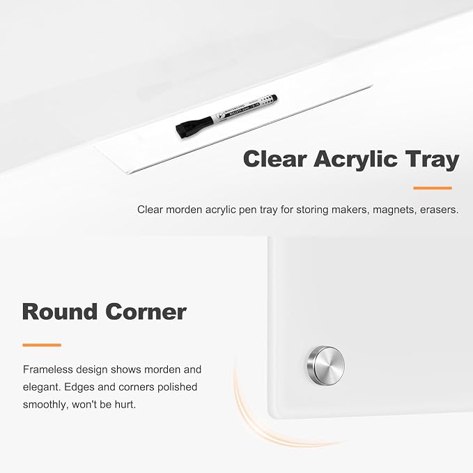 Magnetic Glass Whitebaord for Wall, 36" x 24" Dry Erase Frameless Glass Dry Erease Board for Home School Office, Ultra White