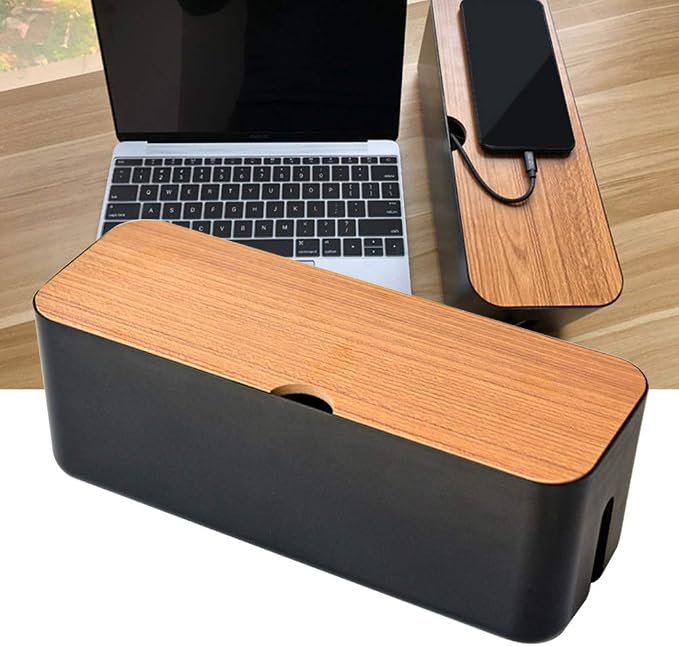 Cable Management Box - Wooden Style Large Cord Organizer Box to Hide Wires & Power Strips | Desk Computer Cable Organizer Box | Safe ABS Materia for Home & Office (Black)