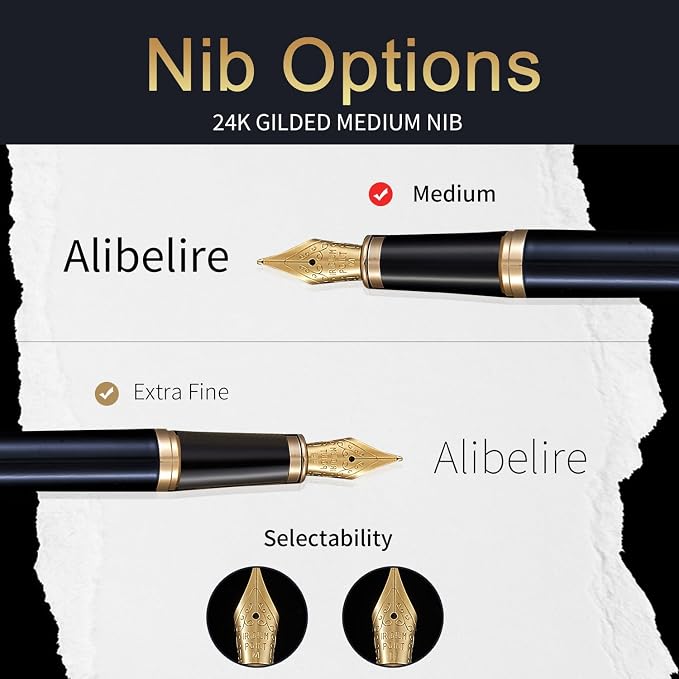 Blue Luxury Fountain Pen Set for Men and Women with Gift Box, 24K Gold Finish and Gilded Nib(Medium) with 5 Black Ink Cartridges and Converter