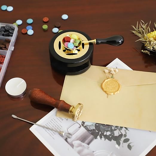 Black Wax Seal Warmer Furnace Kit With Spoon, Stir Stick and Tealight Candles Set for Wedding Envelope Seal Stamp