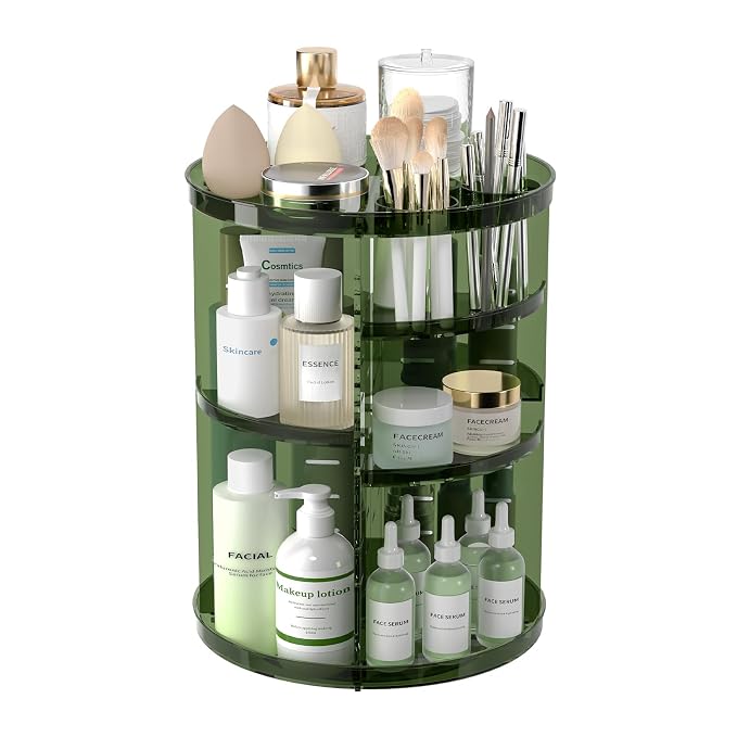 Rotating Makeup Organizer with DIY 8 Adjustable Layers, Clear Green | Spinning Skincare Storage, Cosmetic Display Case with Brush Holder and Perfume Tray
