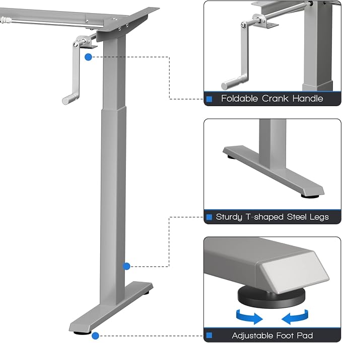 COSTWAY Crank Standing Desk Frame, Manual Hand Crank Workstation Base, Ergonomic Sit to Stand Base w/Foldable Crank Handle, Hook, Cable Management Rack (Grey)