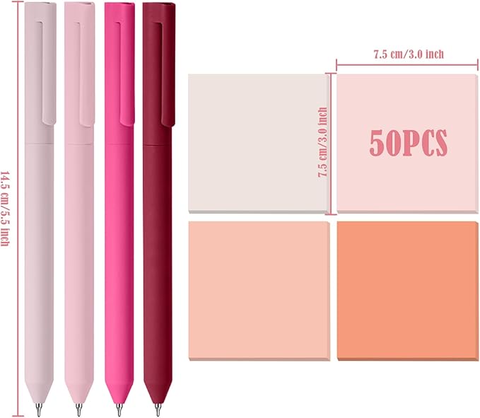 BAYTORY 320 Sheets Gradient Sticky Notes, 4 Pcs Rotatable Colored Gel Pens, Aesthetic Self-Stick Note & Multicolored Ink Pen, Colorful Memo Pads Easy to Post for Note Taking (Gradient Pink)