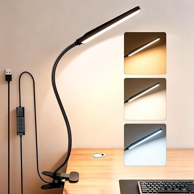 Clip on Desk Lamp, 5W LED Reading Light, 400 Lumens Book Light, 3 Color Modes 6 Brightness Levels, USB Powered Adjustable Neck Lamp for Desk, Bedside, Study, Office