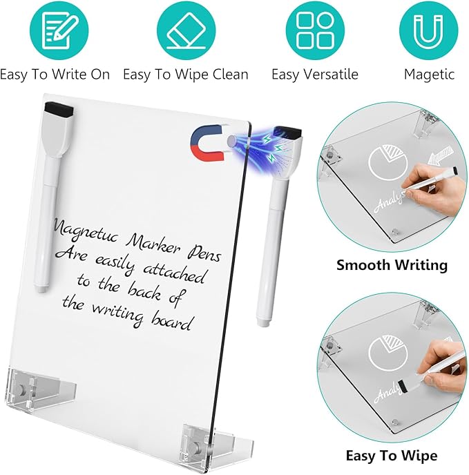 2PCS Clear Acrylic Weekly Dry Erase Board Desktop, 12x8 Small Magnetic Whiteboard with Stand for Desk Calendar Memo Board for Fridge, Office, School, Home