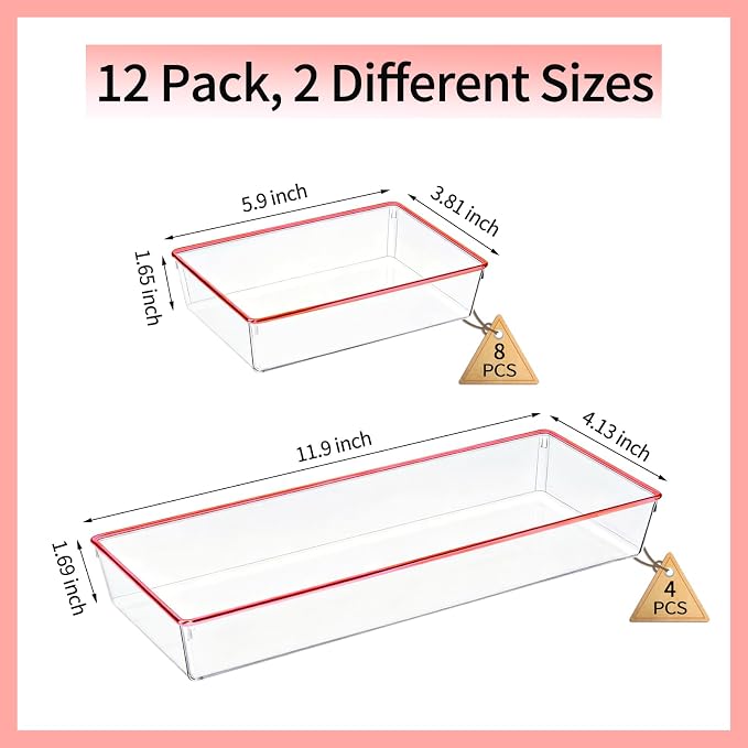 12 Pack Large Size Clear Stackable Drawer Organizer Trays, Rose Gold Rim Makeup Drawer Storage Tray Divider, Desk Storage for Makeup, Jewelry, Bathroom, Stationary, Kitchen Utensils and Office Desk