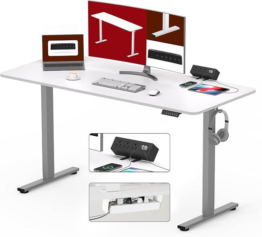 SANODESK Electric Standing Desk with Desk Clamp Power Strip 55"x 28" Whole-Piece Desktop Height Adjustable Stand Up with Cable Management Sit Stand Home Office Desk Silver Frame/White Top