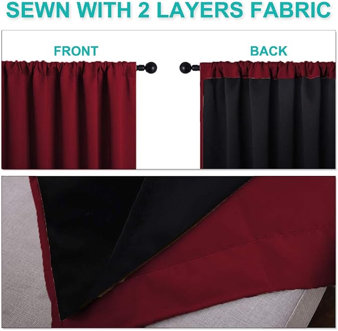 NICETOWN 100% Blackout Curtain Panels, Thermal Insulated Black Liner Curtains for Kitchen, Noise Reducing & Cold Blocking Drapes for Windows (Set of 2, Burgundy Red, 52 inches Wide by 63 inches Long)