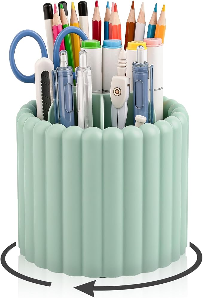 360° Rotating Pen Holder for Desk Removable Pencil Organizer, Green | 7 Slots Pen Cup Cute Office Supplies and Accessories Plastic Desktop Storage Box Art Caddy for School, Work, Home