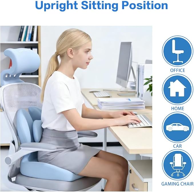 Adjustable Memory Foam Lumbar Cushion - Ergonomic Lower Back Support Pillow with Cotton Cover, Mid-Height Customizable Design for Office Chair, Car Seat, Long Sitting (Blue, Large)