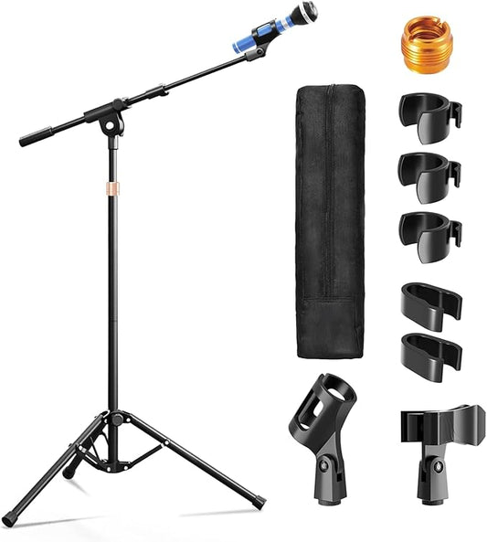 Microphone Stand, 2 Pack Tripod Boom Arm Floor Mic Stand Heavy Duty Height Adjustable with Carrying Bag 2 Mic Clips 3/8" to 5/8" Adapter for Singing Podcast and Stage