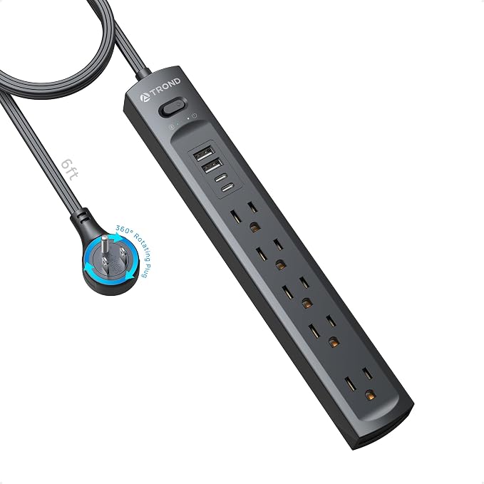 TROND 360° Rotating Plug Surge Protector Power Strip, 2 USB C and 2 USB A, 5 Widely Spaced Outlets, 1440J Surge Protection, Wall Mountable, Flat Cord Extension Cord 6ft for Home Office Dorm, Black