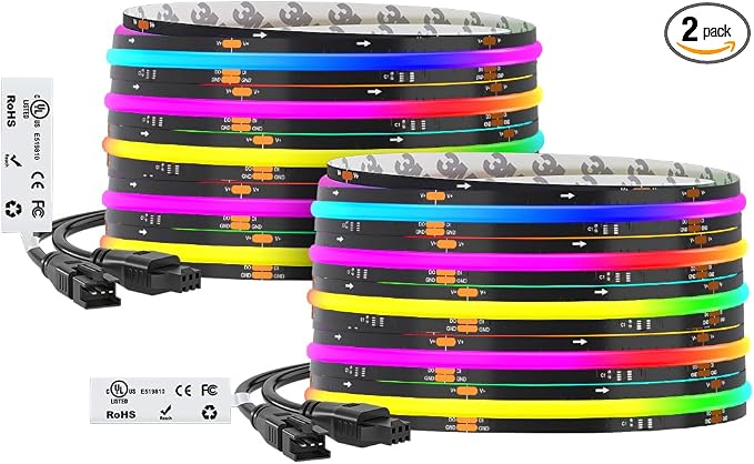 BTF-LIGHTING WS2811 Smart IC RGB FCOB COB LED Strip, UL Listed 630LEDs/m High Density Color Chasing Uniform Light, DC12V 32.8FT 10mm Width Black PCB for Home Party DIY Decor(No Adapter or Controller)
