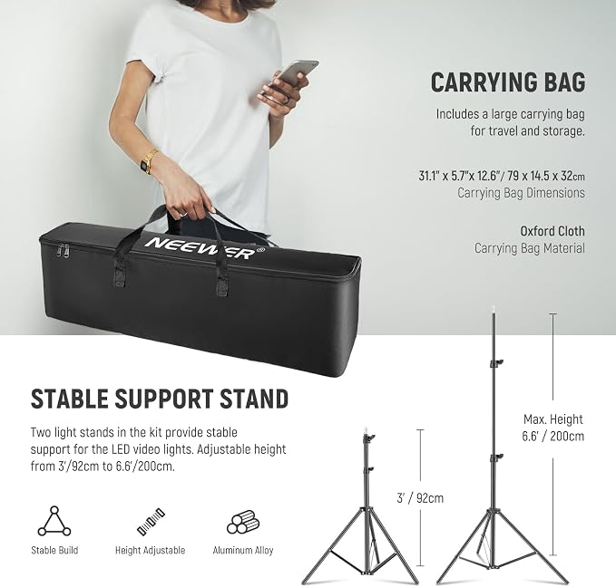 NEEWER Upgraded 660 PRO II RGB LED Video Light with App Control & Tripod Stand Kit, 2 Pack 50W/1% Min Dimming/CRI97+/3200-5600K for Game Streaming YouTube Studio, Bluetooth