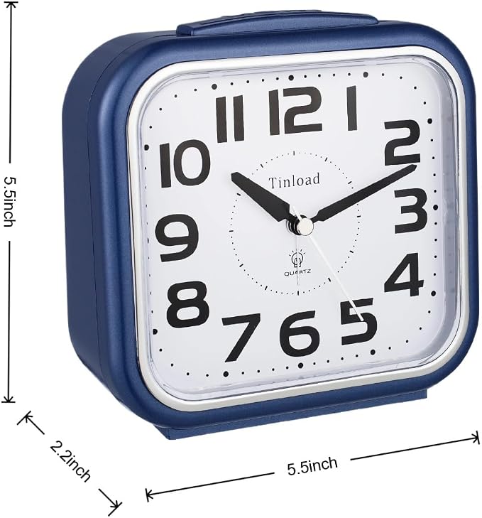 Tinload 5.5" Large Analog Alarm Clock Silent Non Ticking, Gentle Wake, Beep Sounds, Increasing Volume, Battery Operated Snooze and Manual Light, Easy Set, Blue