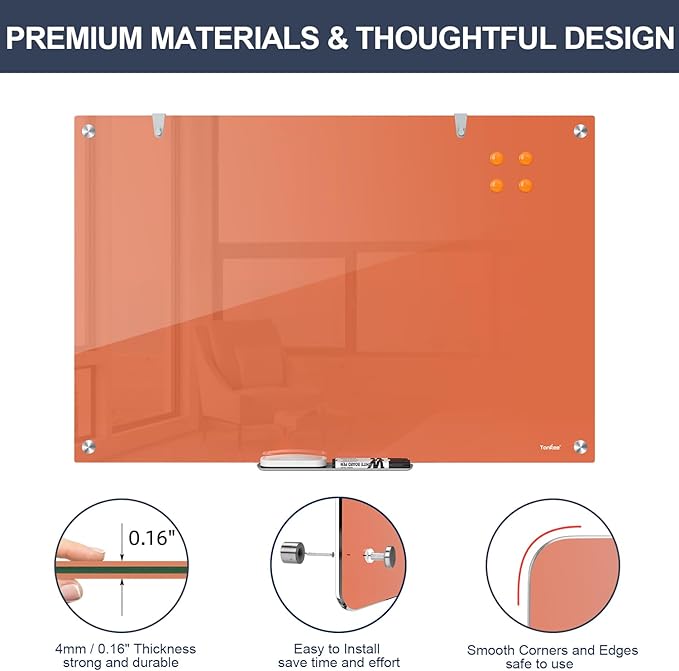 Glass Dry Erase Board for Wall, 36x24 Inches Magnetic Glass Whiteboard, Orange Frameless White Board for Office School Classroom Home, 3x2 Feet Large Whiteboard Wall Mounted