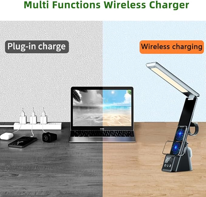 IHAO 6in1 Multifunctional Foldable LED Table Lamp with Wireless Charger Digital Alarm Clock Eye-Care Lighting 3 Color Modes 15W Qi Charger for Phone/Headphones, iWatch Charger Compatible-N61Black