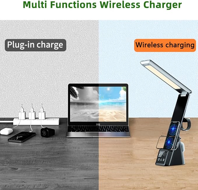 IHAO 6in1 Multifunctional Foldable LED Table Lamp with Wireless Charger Digital Alarm Clock Eye-Care Lighting 3 Color Modes 15W Qi Charger for Phone/Headphones, iWatch Charger Compatible-N61Black
