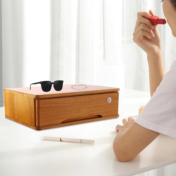 Desktop Storage Box with Lockable Drawer, Office Supplies Drawer Organizer, Wooden Desk Organizer, Small Bamboo Storage Box for Desk, Modern Desktop Drawer Organizer (Wooden Yellow)