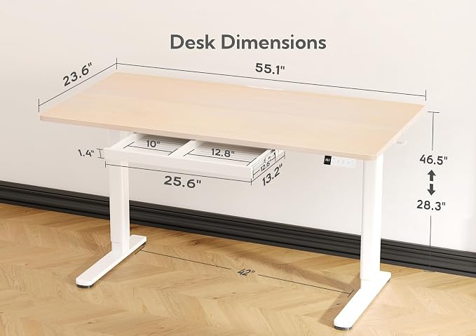 Claiks Electric Standing Desk with Drawers, 55x24 Inch Natural | Sturdy steel frame, 176 lbs capacity, 28.35 to 46.46 inch height range, 45 dB motor, 3 preset buttons, 2 hooks