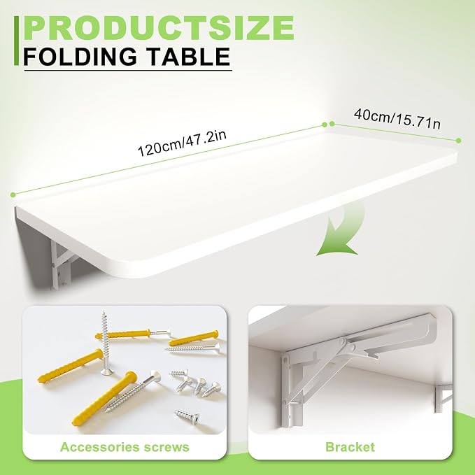 Wall Mounted Folding Table, 47.2" x 15.7" Long Floating Computer Desk for Home Office Laundry Dining Room Kitchen, Space Saving Wall Fold Down Multifunctional Table Station (White)