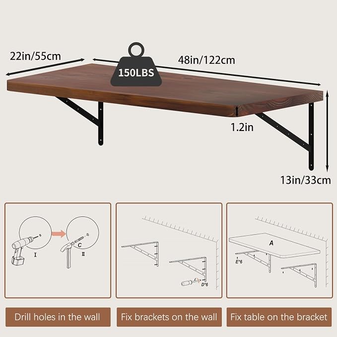 Floating Wall Desk for Home Office,Wall Mounted Table with Pine Wood,48 Inch Workbench for Garage,Work Table with Heavy Duty Brackets for Kitchen,Dining,Laundry,Floating Shelf for Wall