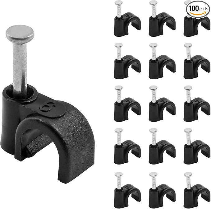 1/4" / 6mm Half Clamp J-Hook Cable Clips with Nail, Black, 100pcs | Nail in Cable Clips, Ethernet Cable Nails Tacks Clips