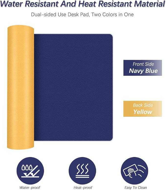Office Desk Mats Pad Table Protector 16 X 32 Inch PU Leather Desk Blotters on Top of Desks Computer Laptop Keyboard Mouse Pad Organizer Double Side Desktop Cover Writing Mat for Girl Kids Blue/Yellow