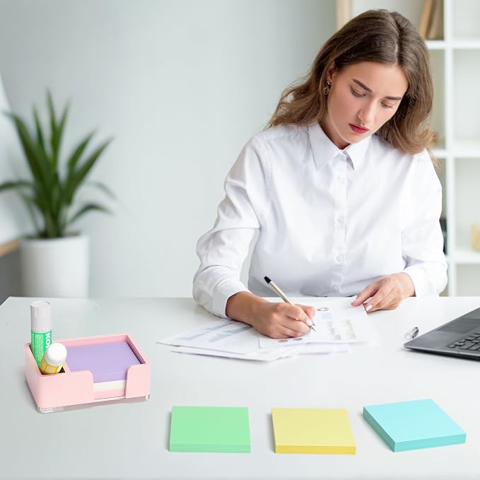 Sticky Note Holder with Pen Slot, Pink Acrylic Notepad Holder 3x3 in Self-Stick Note Dispenser Office Desk Accessories, Memo Pad Holder Organizer for Classroom School Supplies