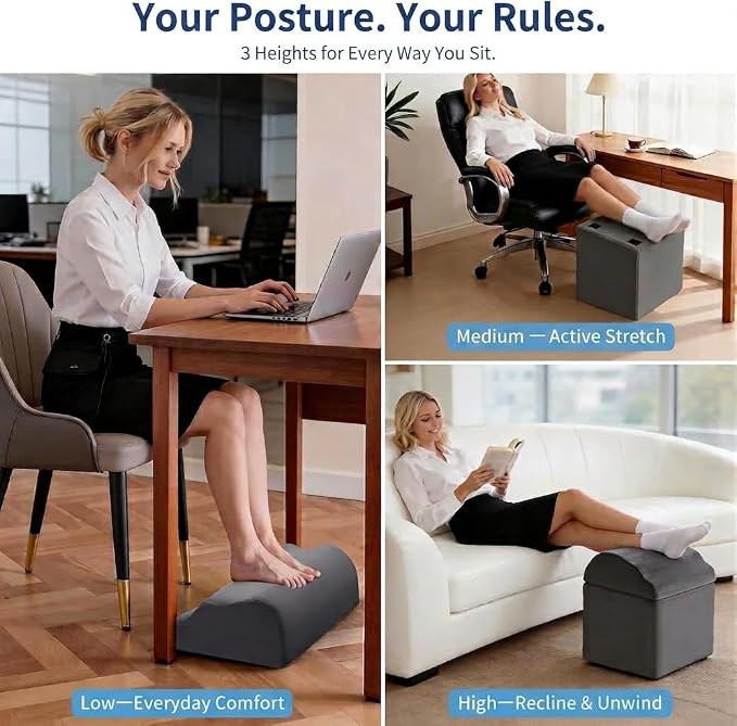 Foot Rest for Under Desk at Work, Ergonomic Footrest Stool, 3 Adjustable Heights Foam Cushion Pillow for Leg & Feet Support, Non-Slip Washable Cover for Office Gaming Chairs, Computer Desk, Home, Car