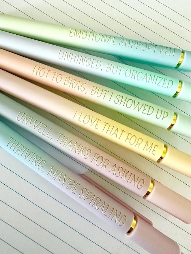 6-Pen Set | Unhinged But High-Functioning Engraved Soft-Touch Gel Pens｜Snarky Sarcastic Emotional Support Pens｜Office Supplies (Gold Ombre)