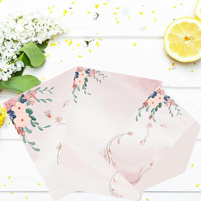 Stationery Writing Paper with Envelopes，4 Different Style Decorative Stationery Sheets， Double-sided Printing，32 Stationery Papers+16 Envelopes, 7.5" x 10.4" of Each Stationery Paper
